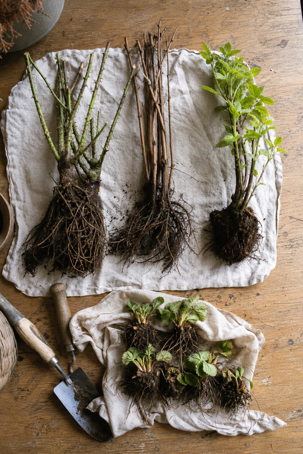 Wurzelnackte Rosen, Himbeerruten, Heckenpflanze und Erdbeerkronen liegen ordentlich auf feuchtem Tuch.
