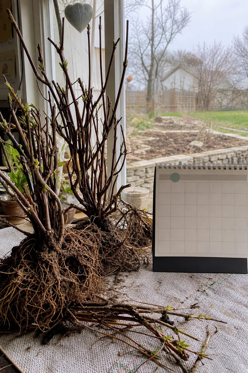 Gebündelte wurzelnackte Pflanzen mit ruhenden Knospen liegen im zeitigen Frühjahr neben einem vorbereiteten Beet.