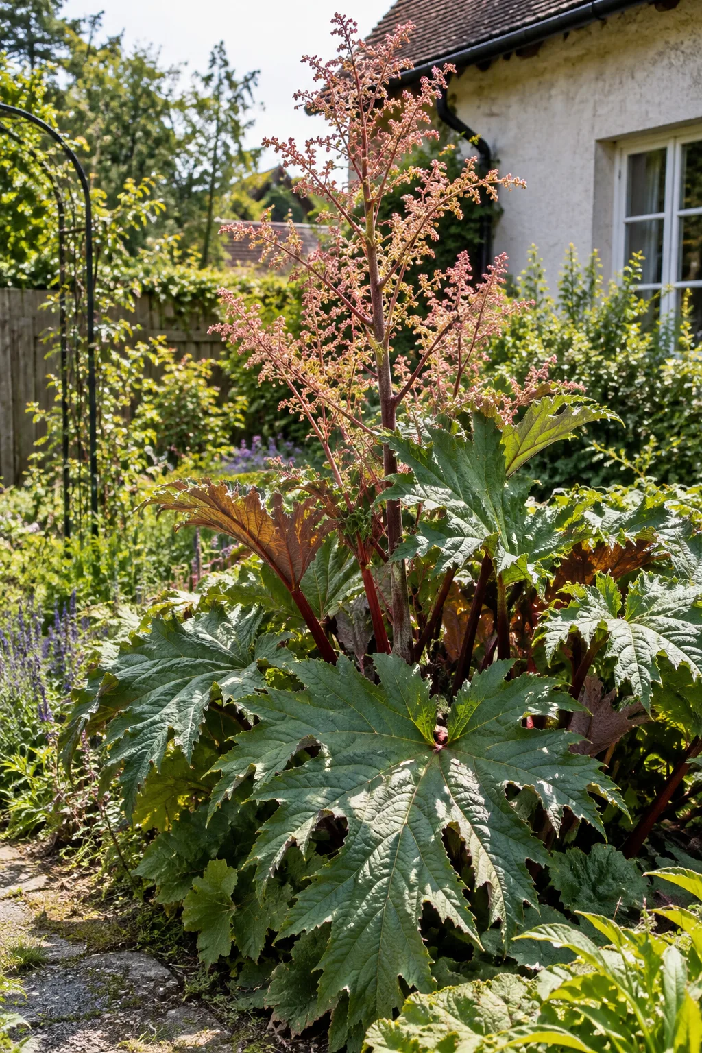 Zier-Rhabarber im Frühsommer mit riesigen, tief gelappten, rötlich überhauchten Blättern und einer mannshohen, verzweigten Rispe aus winzigen rosa Blüten
