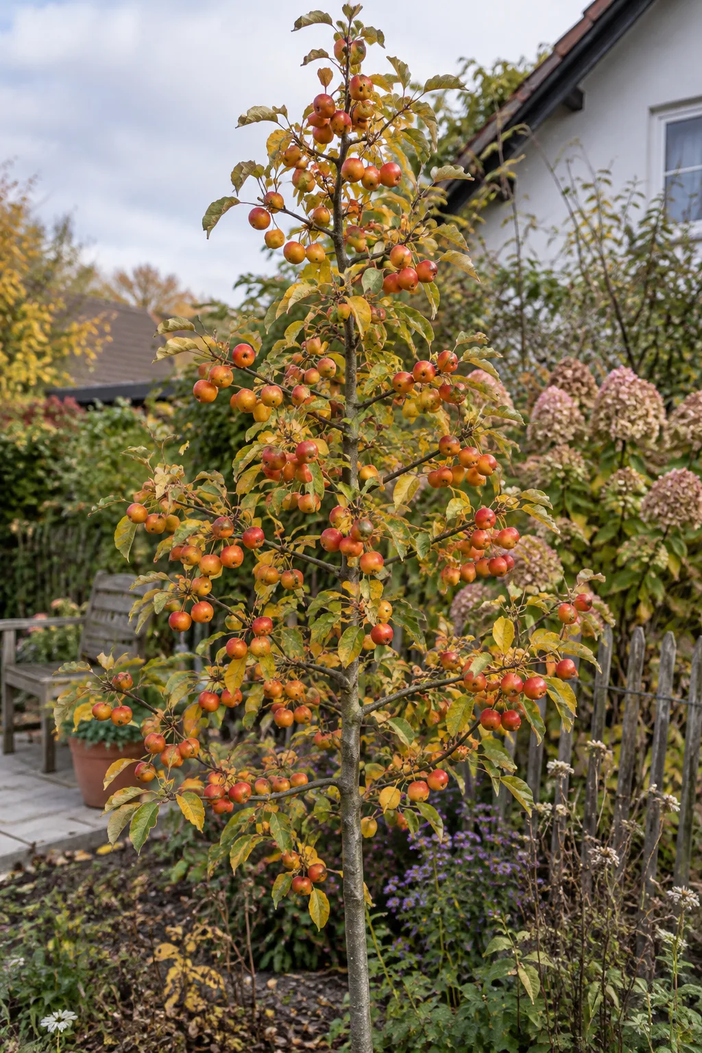 Junger Zierapfelbaum mit kegelförmiger Krone im Herbst, die Zweige dicht behängt mit kleinen gelborangen bis orangeroten Äpfeln