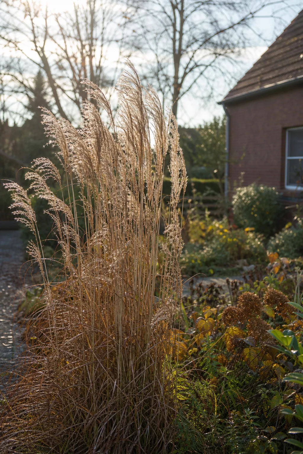 Hohe Ziergräser mit Samenständen im goldenen Gegenlicht in einem herbstlichen Gartenbeet