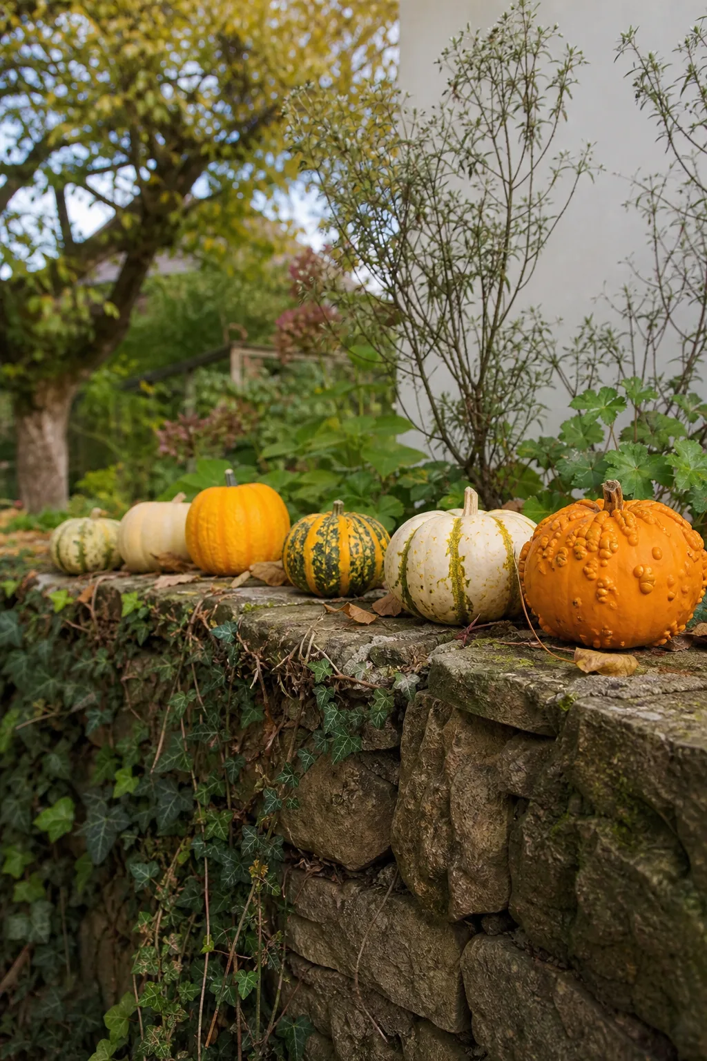 Kleine orange, weiße und grüne Zierkürbisse in einer Reihe auf einer niedrigen Natursteinmauer im Garten