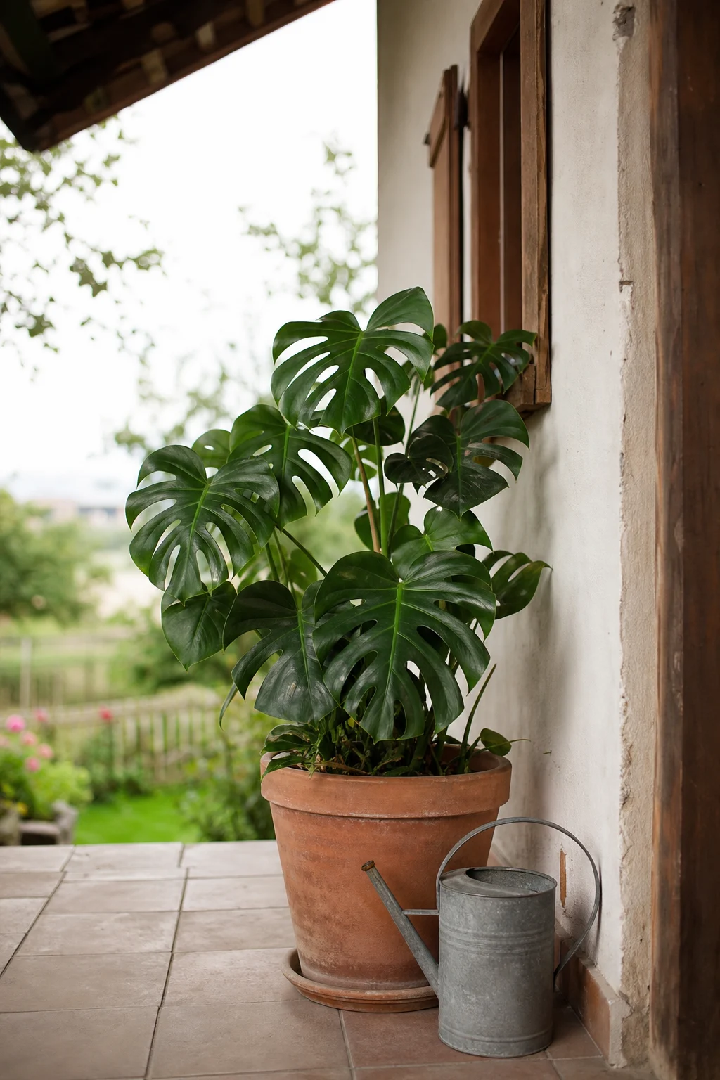 Monstera im Topf steht im Schatten einer überdachten Veranda neben einer Gießkanne, im Hintergrund verschwommen der Garten.