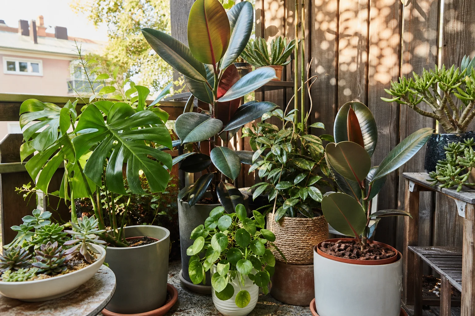 Balkon im Spätfrühling mit Monstera, Gummibaum, Pilea, Sukkulenten und Hoya, im Halbschatten an einem Holzzaun aufgestellt.