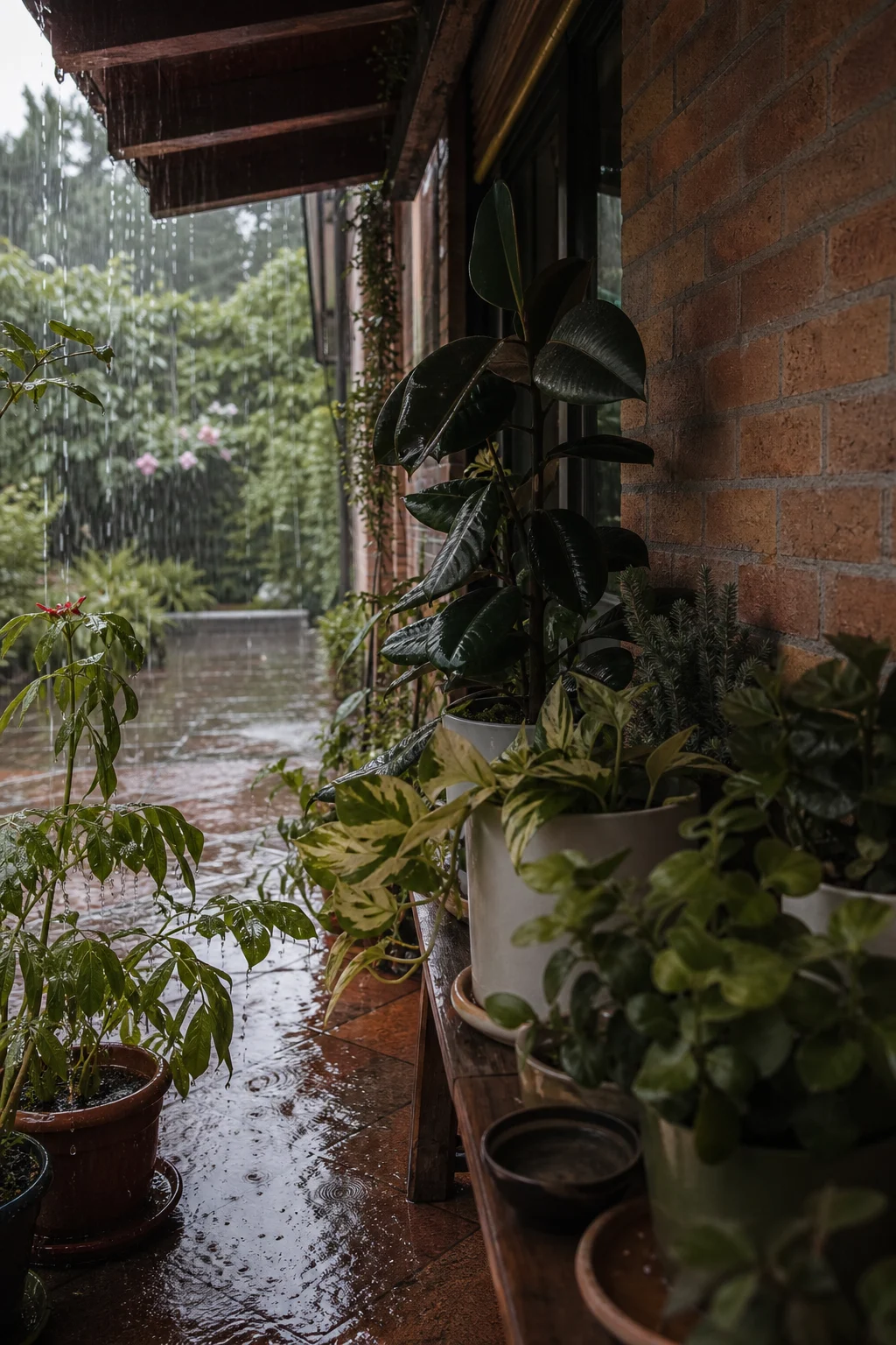 Sommer-Regenguss auf der Terrasse, Zimmerpflanzen stehen geschützt unter dem Dachüberstand an einer Backsteinwand.