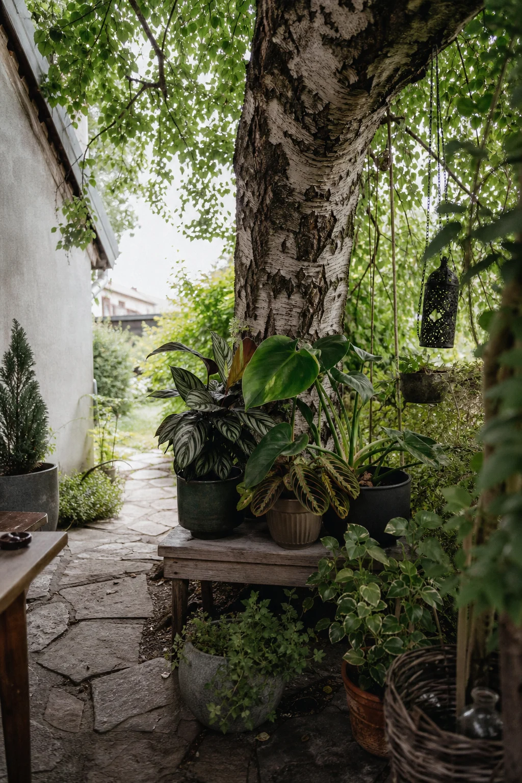 Halbschatten unter einer Birke mit Calathea, Maranta und Philodendron auf einer Holzbank im Streiflicht.