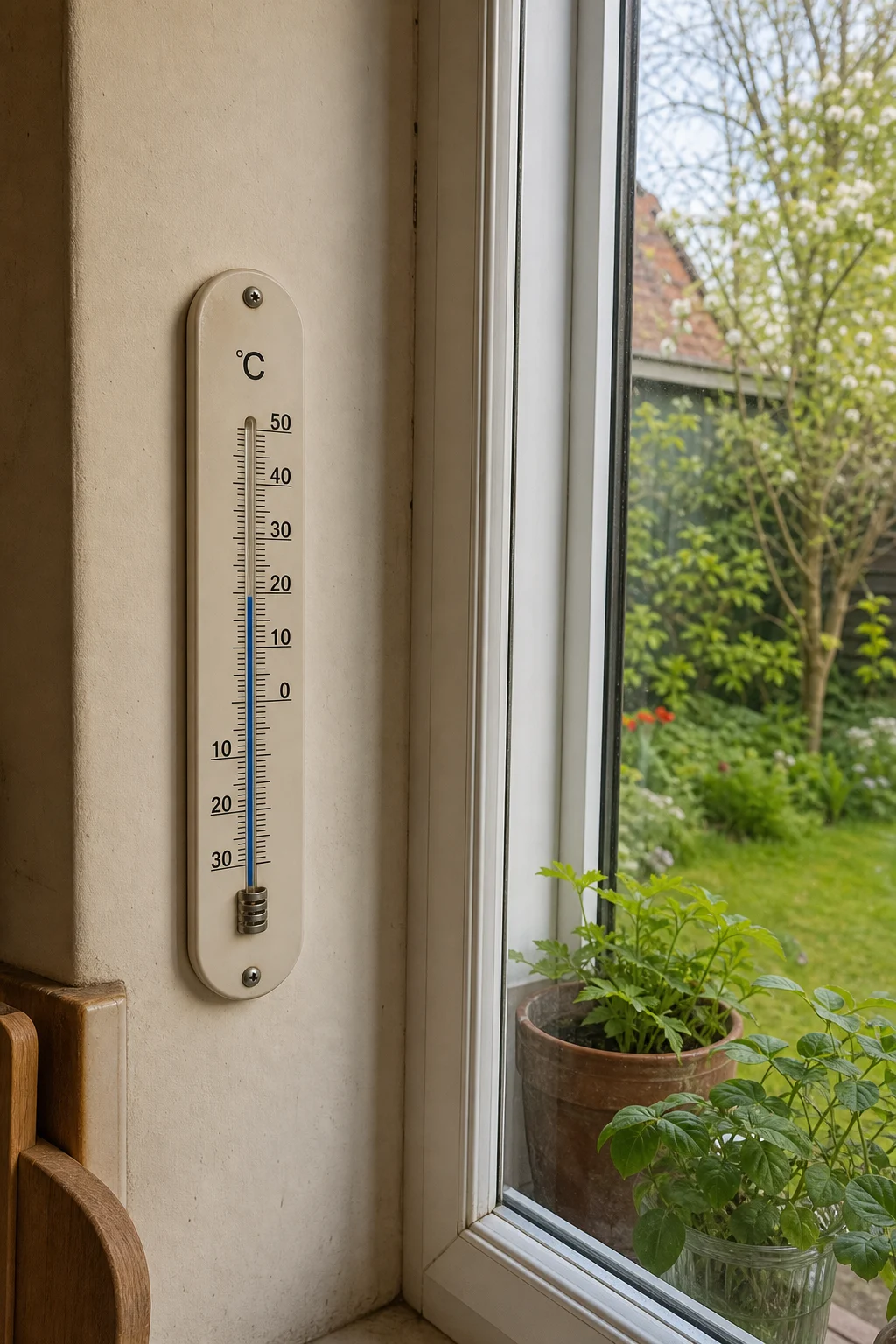 Außenthermometer zeigt 14 Grad neben dem Küchenfenster, dahinter stehen Zimmerpflanzen, draußen ist Frühlingsgarten.