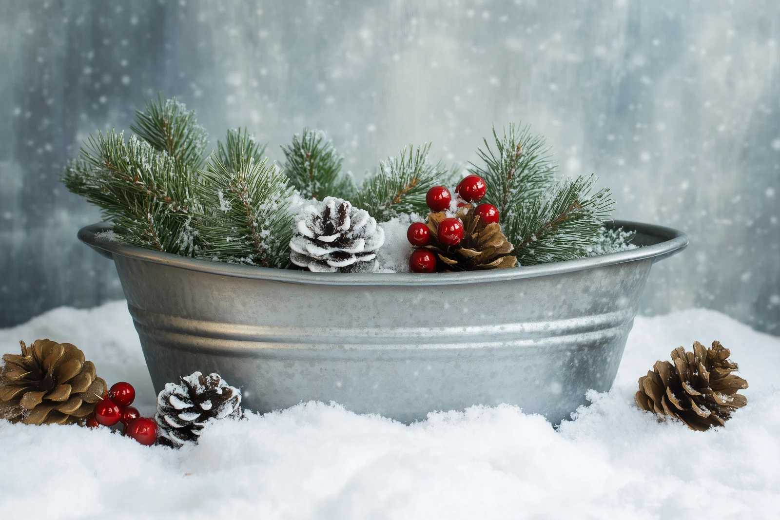 Winterdeko mit Tannenzweigen und Zapfen im Schnee