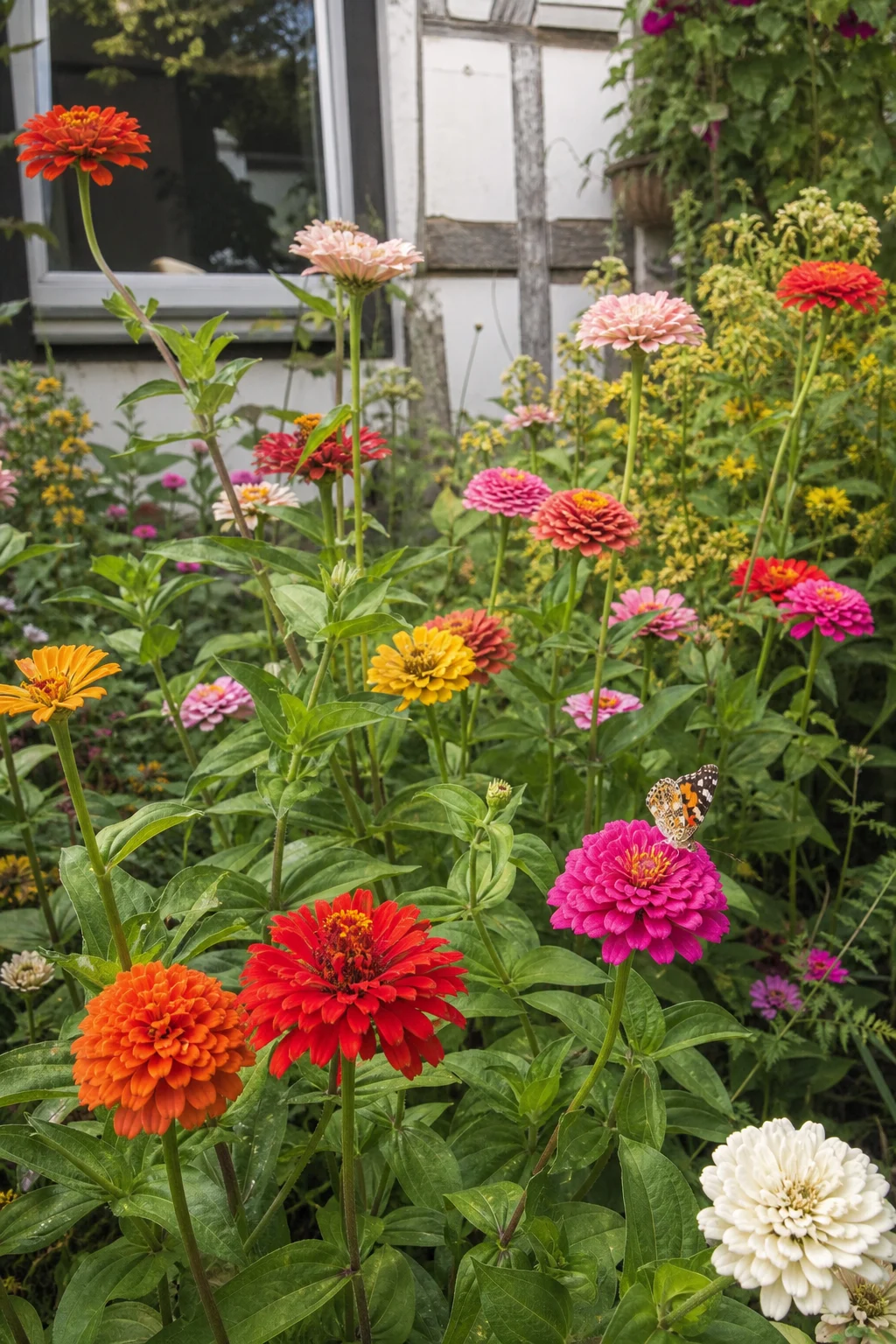 Bunte Zinnien in Rot, Orange, Pink, Gelb und Weiß in einem Bauerngarten, ein Schmetterling sitzt auf einer Blüte.