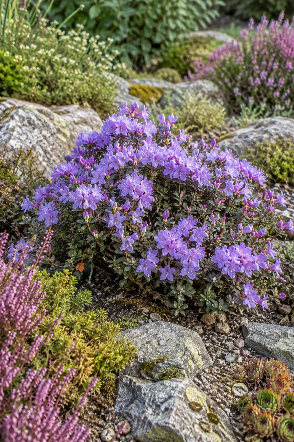 Niedriges, dichtes Polster eines Zwerg-Rhododendrons mit vielen kleinen lilablauen bis hellvioletten Blüten in einem Heidegarten mit Steinen