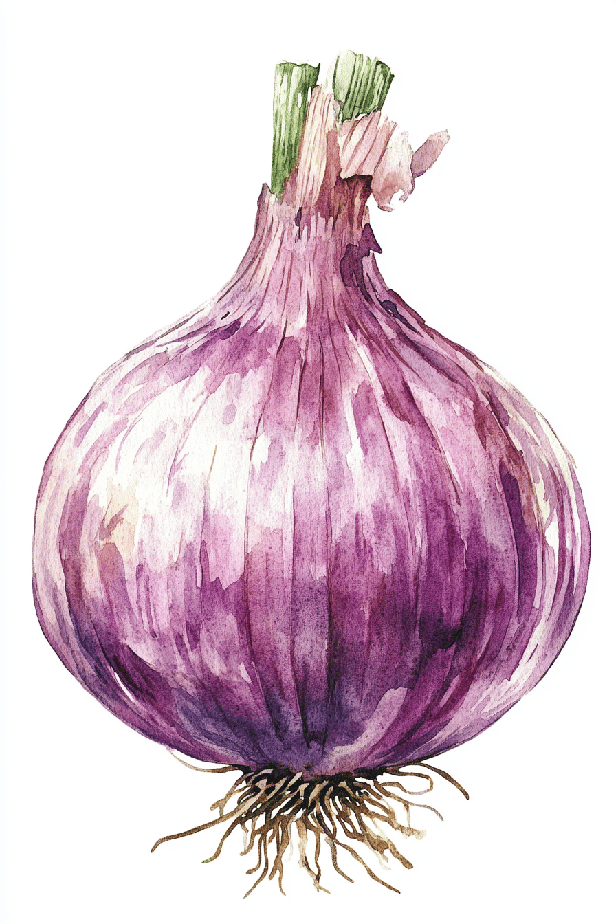 Aquarell Zeichnung einer roten Zwiebel mit grünen Spitzen.