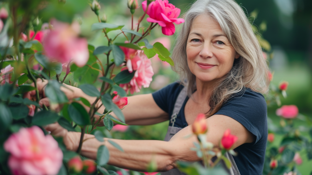 Ältere Frau genießt blühende Rosen im Garten.