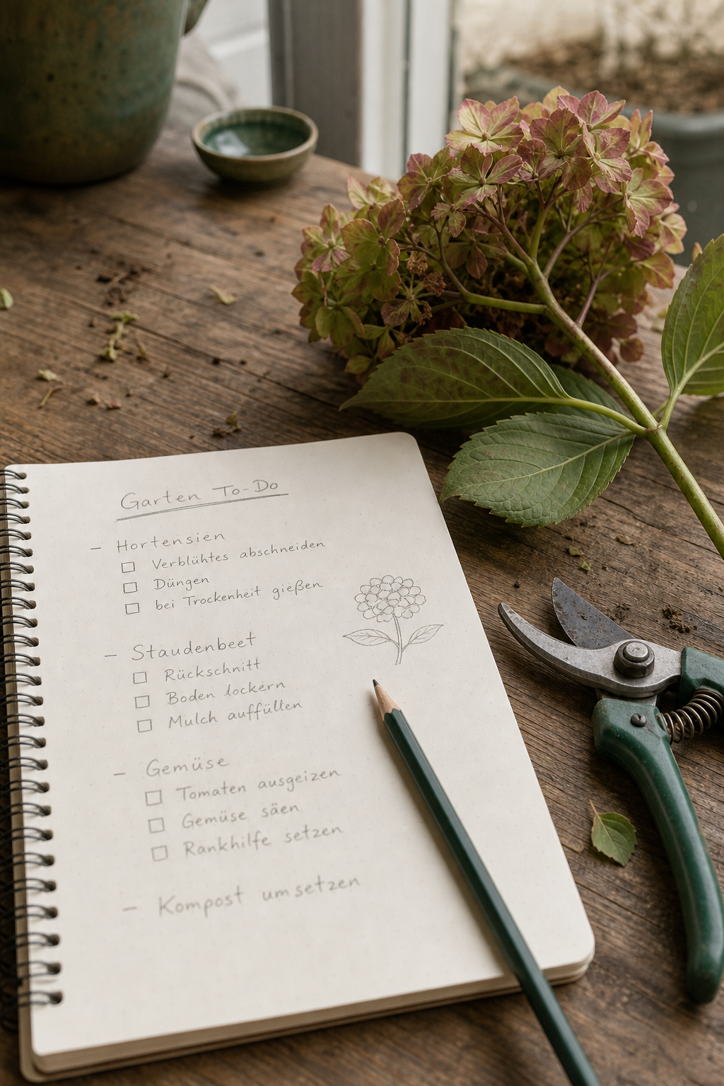 Gartennotizbuch mit handgeschriebener Checkliste, daneben ein abgeschnittener Hortensienzweig und eine Bypass-Schere auf einem Holztisch.
