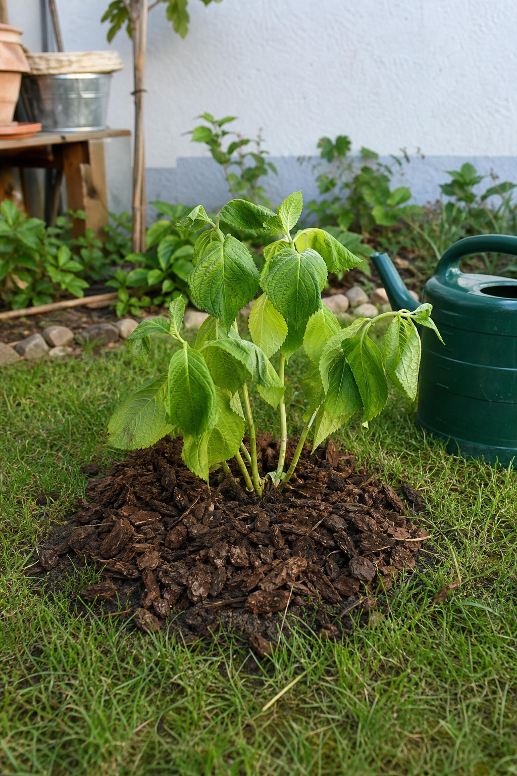 Frisch gepflanzte junge Hortensie mit einem großzügigen Mulchring aus Rindenmulch und einer Gießkanne daneben, die Blätter sind nach dem Umzug leicht schlaff.