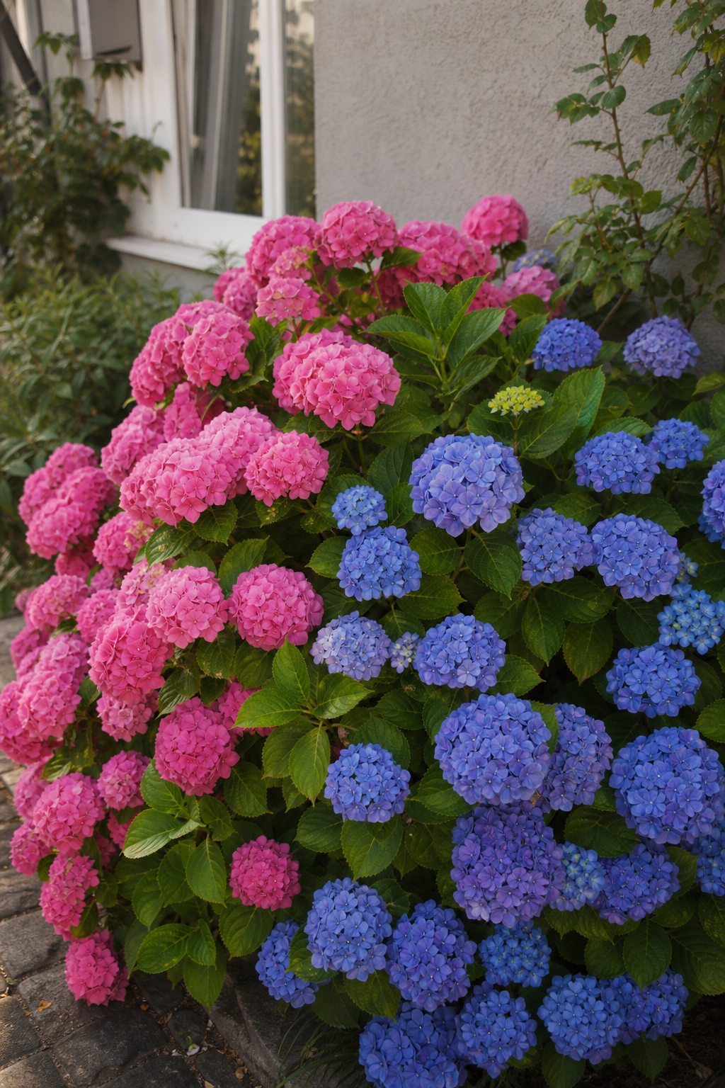 Bauernhortensie mit gleichzeitig blauen und rosa Blütenkugeln am selben Strauch, je nach Boden-Säuregrad unterschiedlich gefärbt.