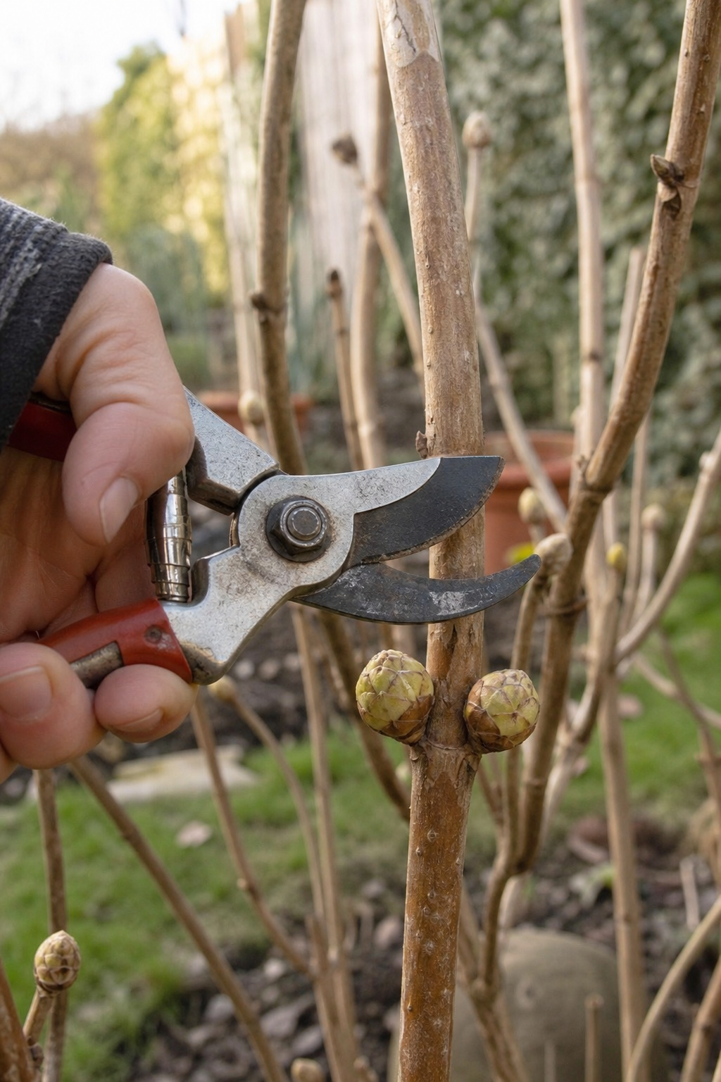 Eine Hand mit Bypass-Schere setzt im Frühjahr direkt über zwei dicken Blütenknospen einer Bauernhortensie zum Schnitt an.