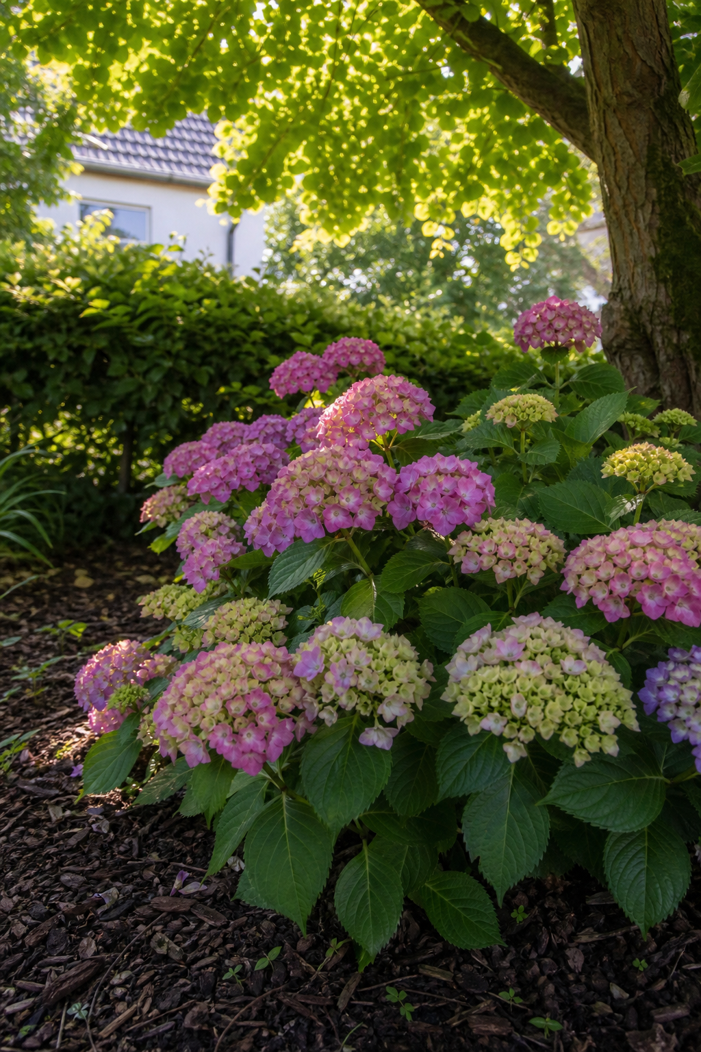 Bauernhortensie unter dem lichten Schatten eines größeren Laubbaums im Garten, Morgensonne fällt durch die Krone auf den Strauch, der Boden ist mit Rindenmulch bedeckt.