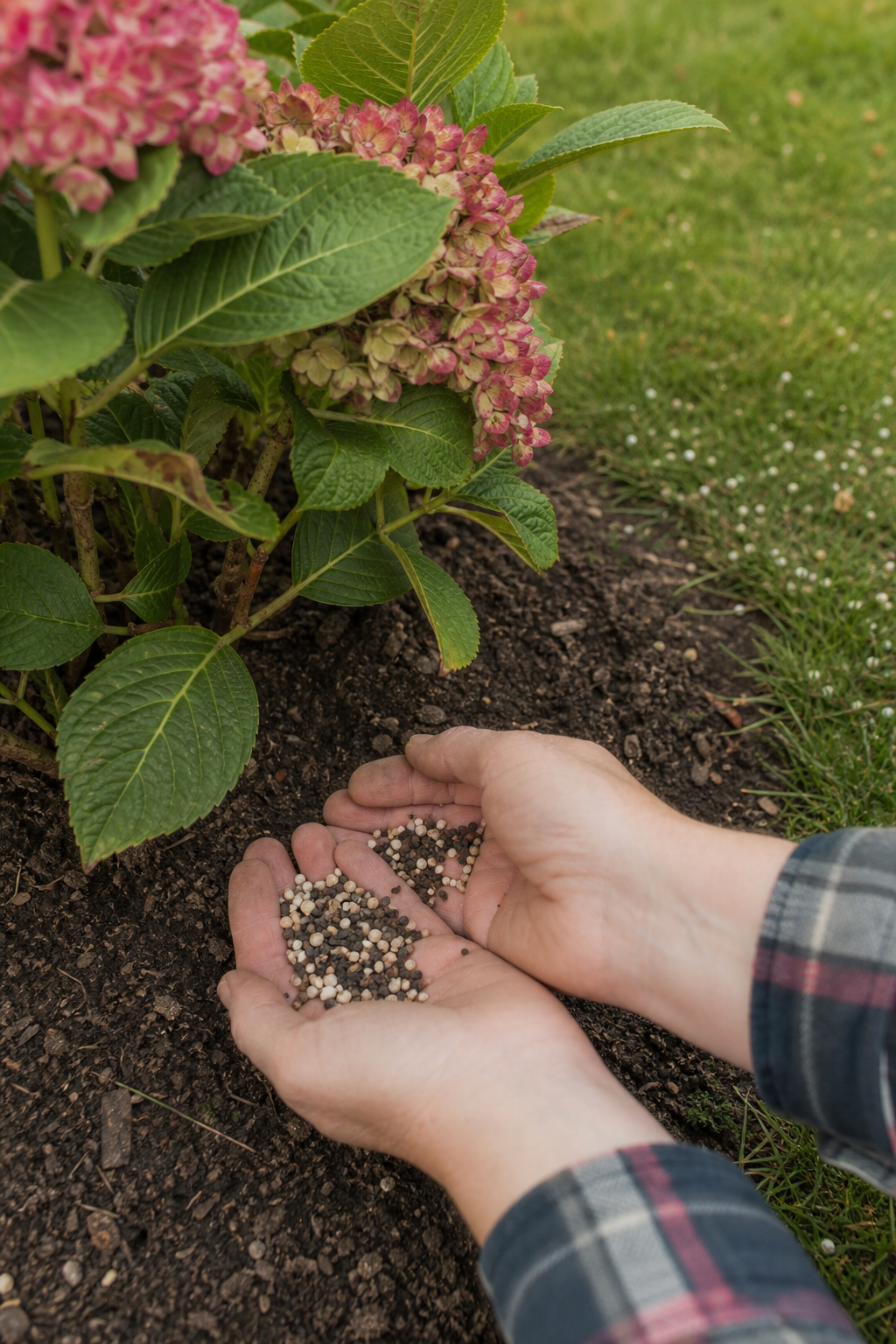 Zwei Hände halten eine kleine Menge organischen Granulatdünger über dem Wurzelbereich einer Hortensie, im Hintergrund ist ein gedüngter Rasen zu erkennen.