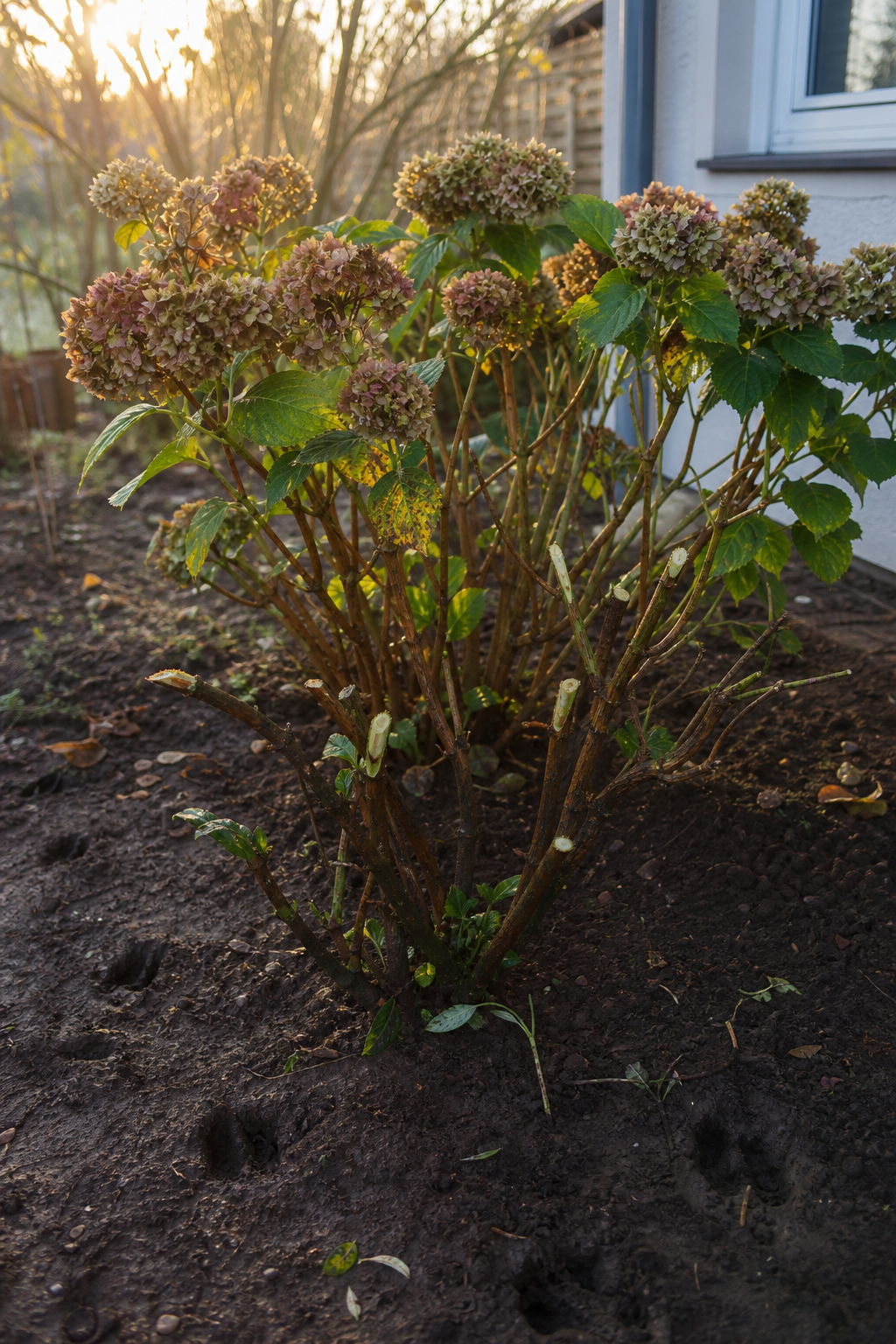 Bauernhortensie mit mehreren glatt abgebissenen Trieben und fehlenden Blättern an den unteren Ästen, im weichen Boden sind Spuren von Rehklauen sichtbar.