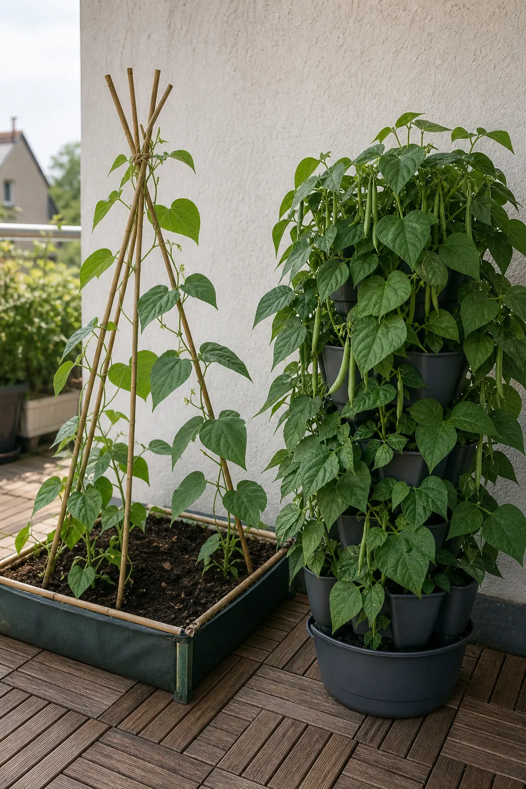 Vergleich zwischen einem kleinen Bohnenbeet mit wenigen Stangenbohnen und einem dicht bepflanzten Pflanzturm mit vielen Buschbohnen.