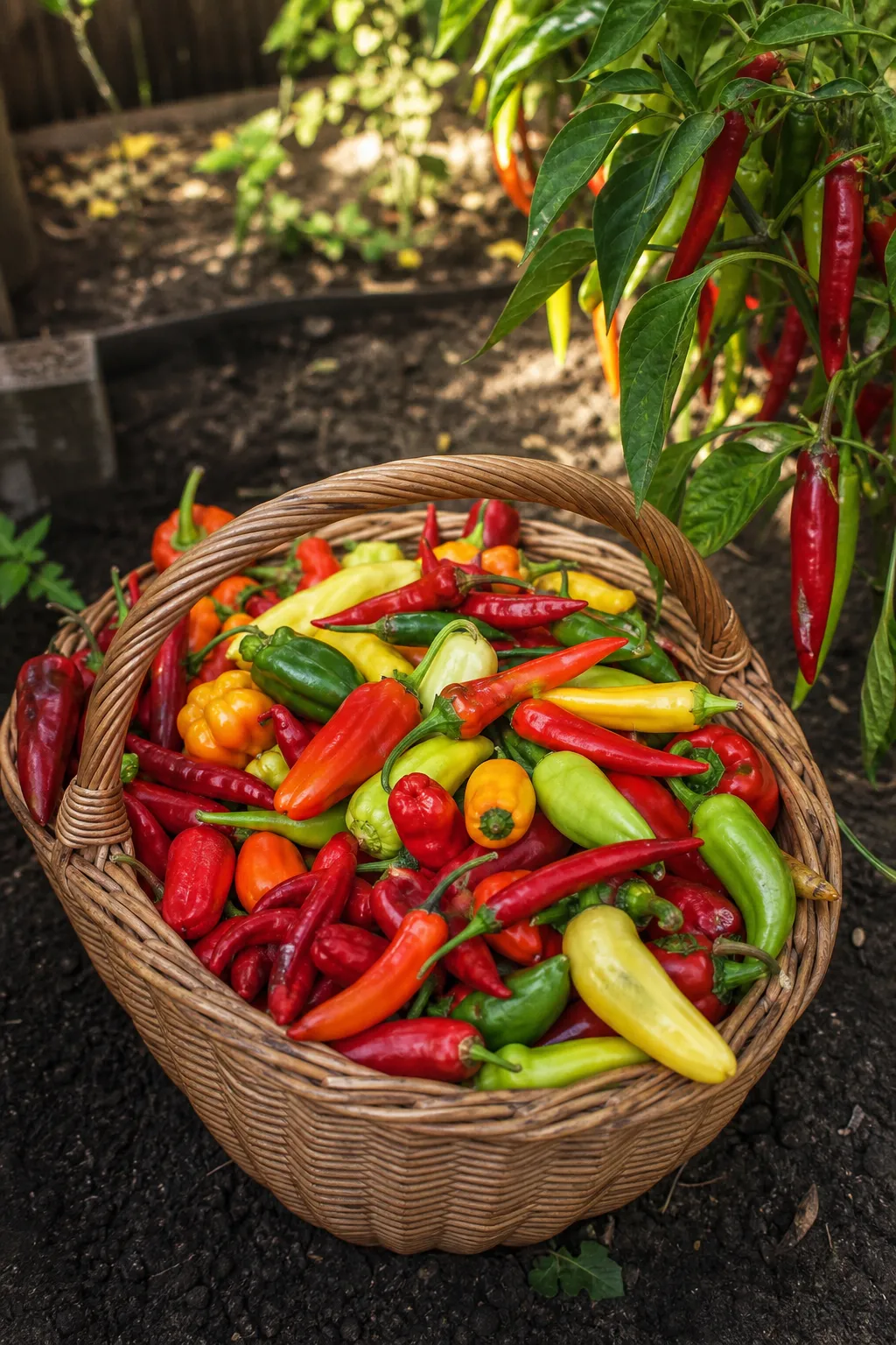 Ein Weidenkorb quillt ueber vor frisch geernteten Chili- und Peperonischoten in Rot, Gruen, Gelb und Orange neben einer Pflanze im Beet.
