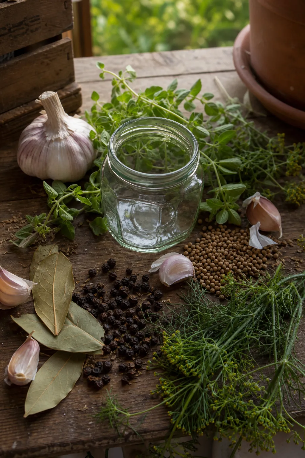 Auf Holz liegen Pfefferkoerner, Koriandersaat, Knoblauchzehen, Oregano, Dill und Lorbeer rund um ein kleines leeres Einmachglas.