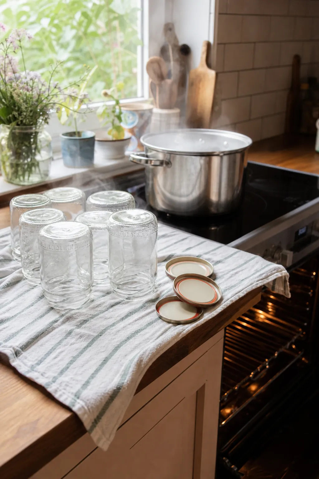 Saubere leere Einmachglaeser und Deckel stehen kopfueber auf einem Tuch neben Backofen und einem Topf mit kochendem Wasser.
