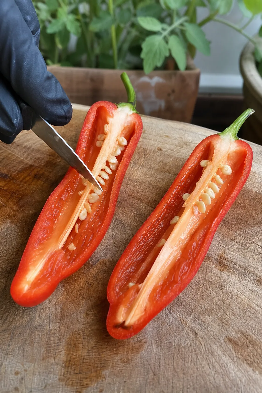Eine halbierte Chilischote auf dem Brett zeigt deutlich die hellen Scheidewaende und Kerne, eine behandschuhte Hand deutet mit dem Messer darauf.