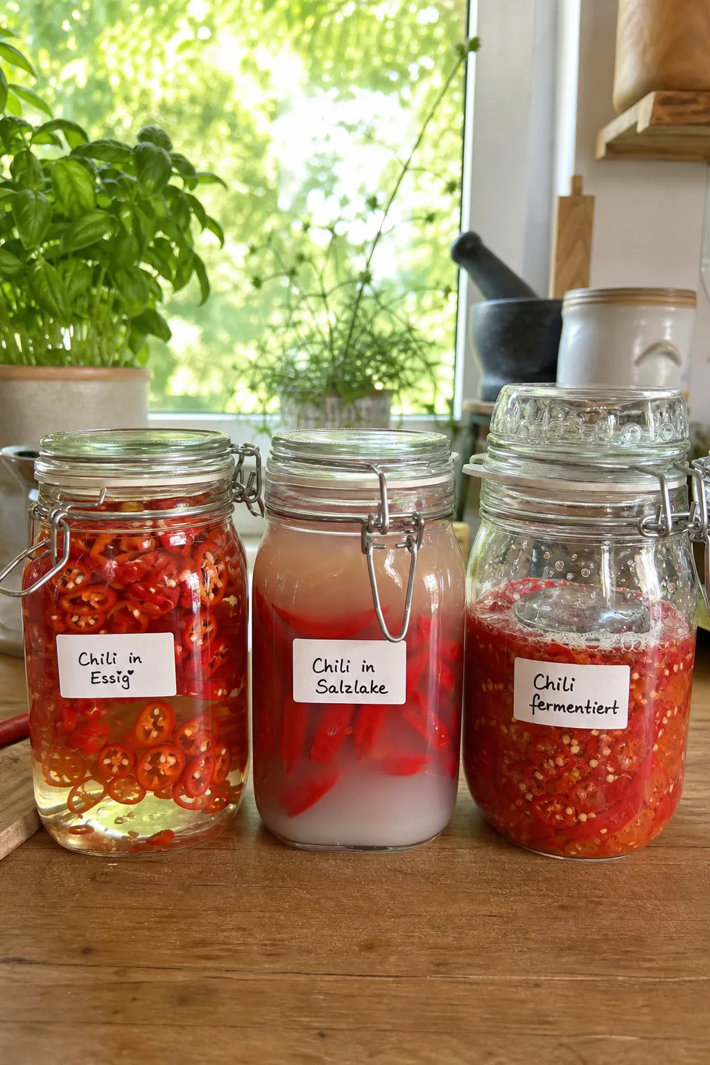 Drei Glaeser nebeneinander zeigen Chili in klarem Essigsud, in truber Salzlake und beim Fermentieren mit Glasgewicht und Blaeschen.