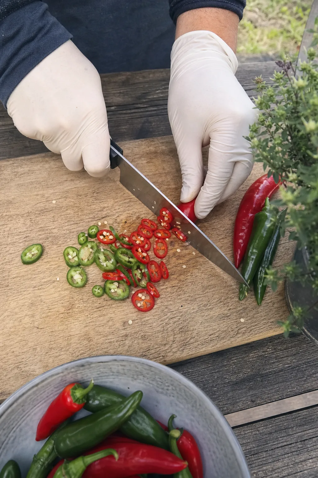 Behandschuhte Haende schneiden rote und gruene Chilis auf einem Holzbrett in duenne Ringe, Kerne und helles Innengewebe sind sichtbar.