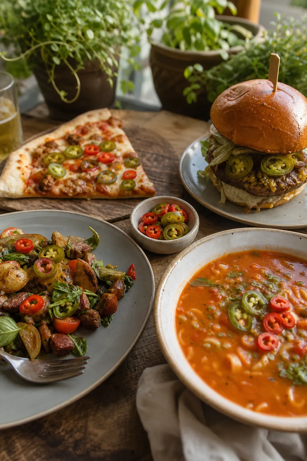 Ein Burger, eine Suppe und ein Pizzastueck sind mit eingelegten Chiliringen belegt, in der Mitte steht ein Schaelchen mit den Schoten.