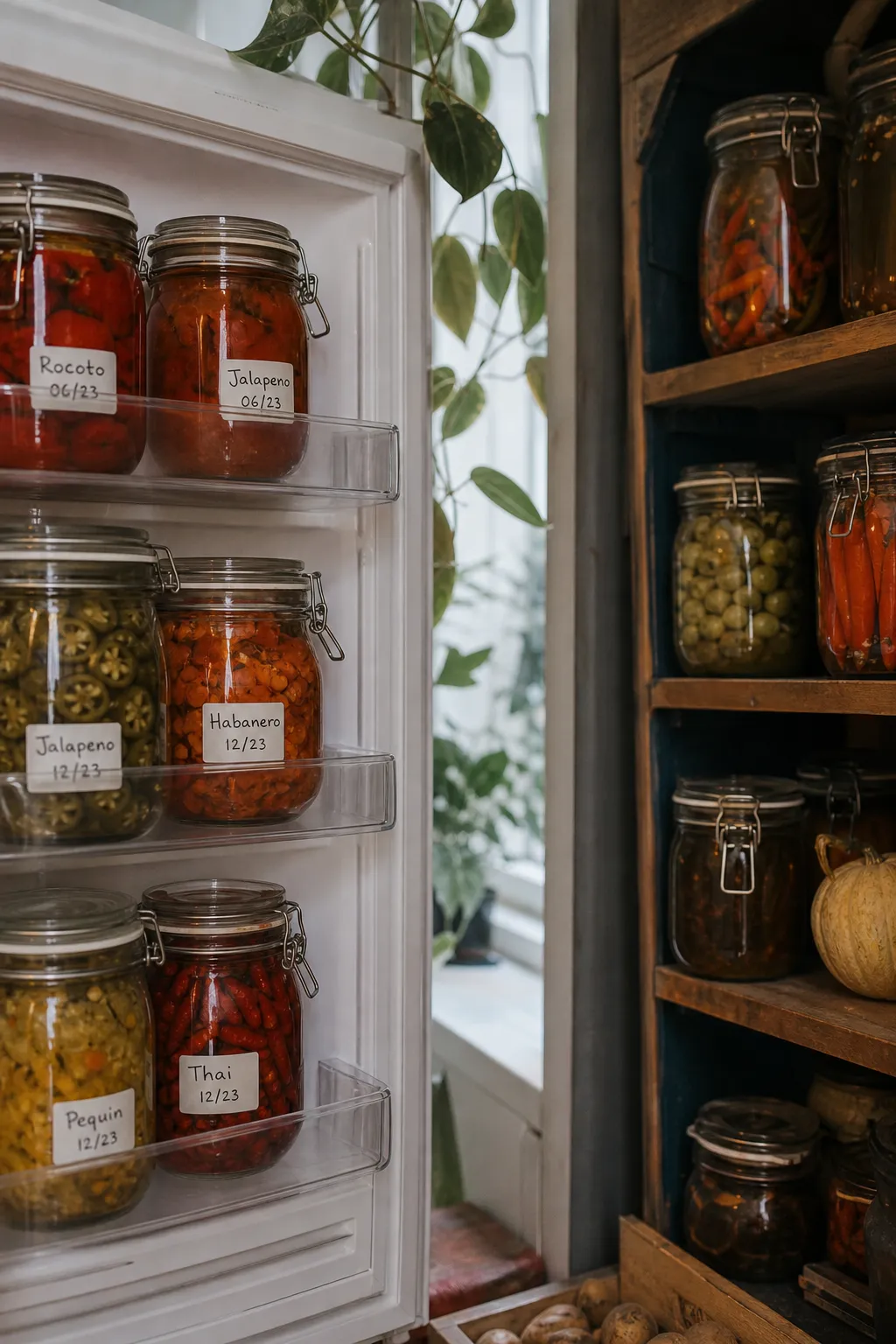 Auf einem Vorratsregal und im geoeffneten Kuehlschrank stehen mehrere verschlossene, datierte Glaeser mit eingelegten Chilis.
