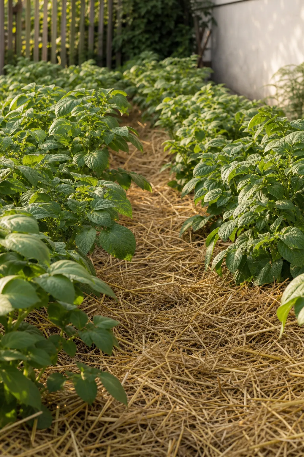 Kartoffelreihen im Garten dicht mit goldenem Stroh gemulcht, darüber gesundes grünes Laub.
