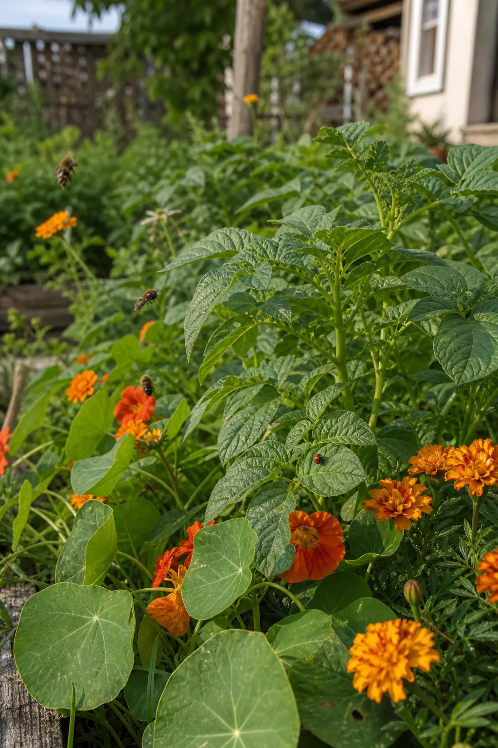 Kartoffelbeet mit Tagetes und Kapuzinerkresse dazwischen, ein Marienkäfer sitzt auf einem Blatt.