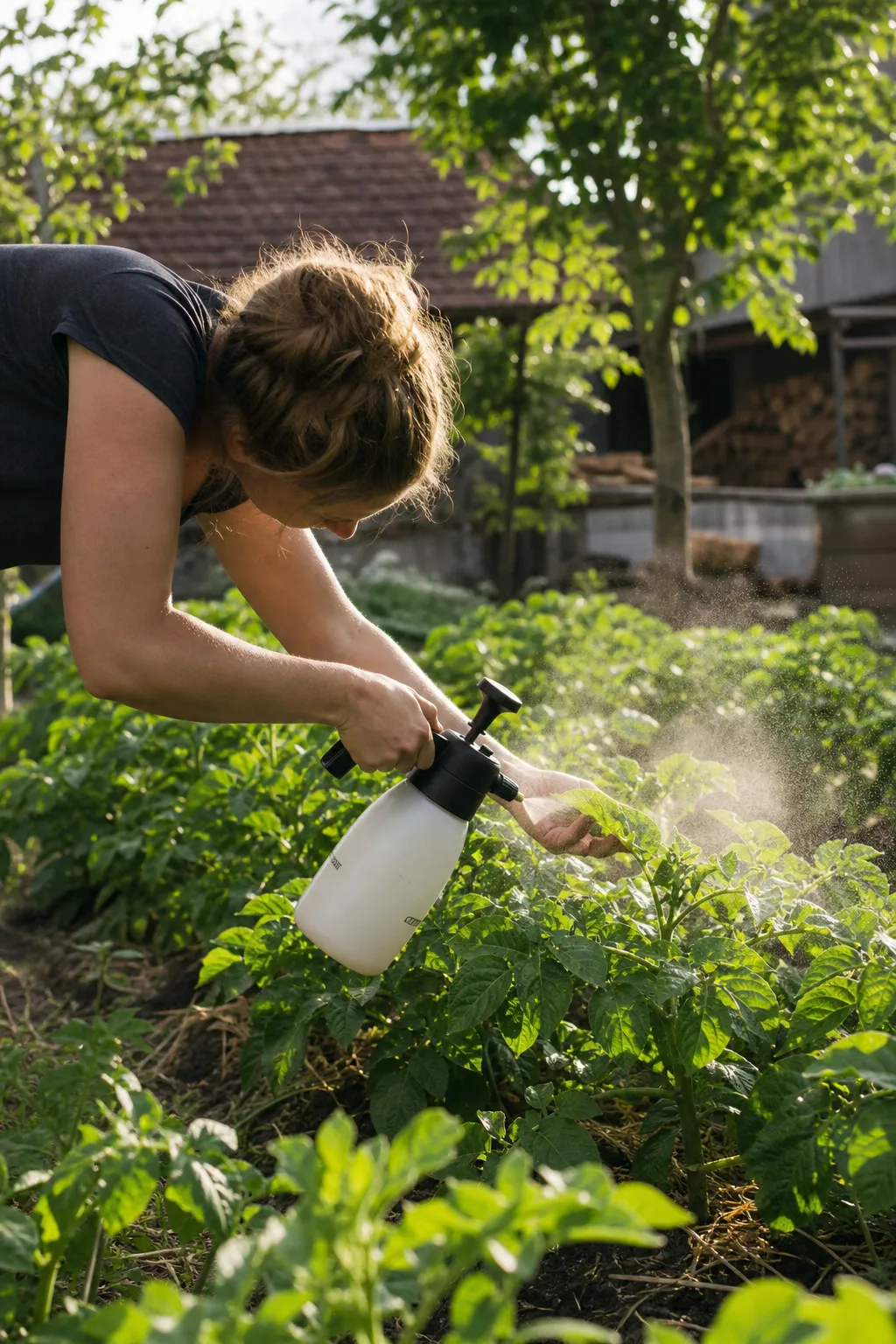 Person besprüht die Blattunterseiten von Kartoffelpflanzen mit einer Handdrucksprühe im sonnigen Garten.